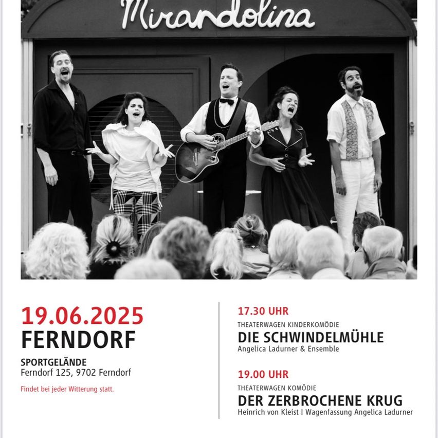 Plakat zeigt eine Gruppe von Darstellern vor einem Gebäude mit 'Mirandolina' darüber geschrieben. Fünf Darsteller, drei Frauen und zwei Männer, sind zu sehen, einer hält eine Gitarre. Unten sind die Daten '19.06.2025' und '17.30 Uhr' angegeben.