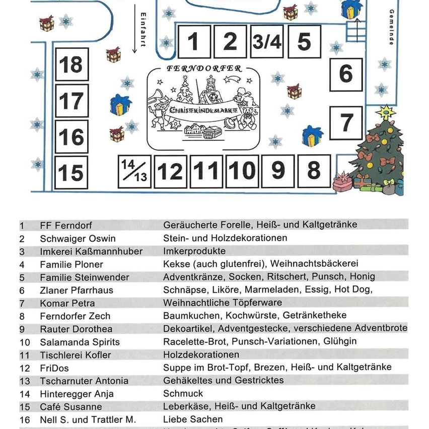 Eine Liste von Weihnachtsmarktständen mit Nummern und Beschreibungen. Stände beinhalten Feiertagsgetränke, Handwerkskunst und Lebensmittel. Die Stände sind nummeriert von 1 bis 16.