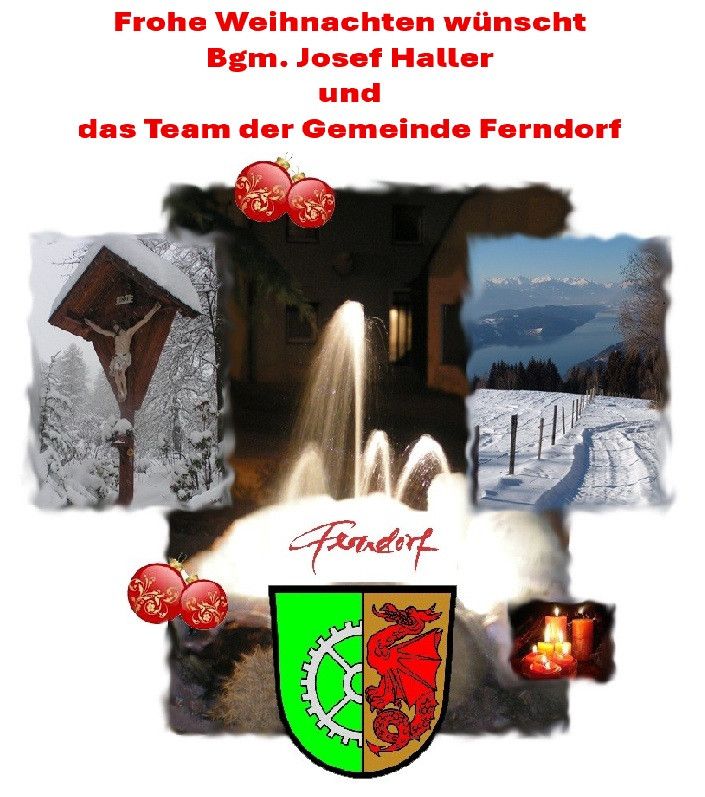Ein Plakat zeigt eine verschneite Landschaft mit einem Brunnen, einem Kreuz und einem roten Drachen auf einem Schild. Die Worte oben in Rot lauten 'Von unseren Weihnachtswünschen' und 'Das Team der Gemeinde Ferndorf'.