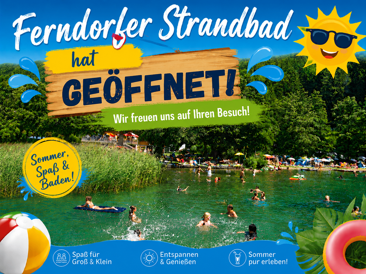 Ein Werbeplakat für ein Strandresort mit der Eröffnungsankündigung. Das Wasser ist voller Schwimmer und Sonnenanbeter. Ein Holzschild sagt 'Geöffnet!'. Die Sonne scheint hell.