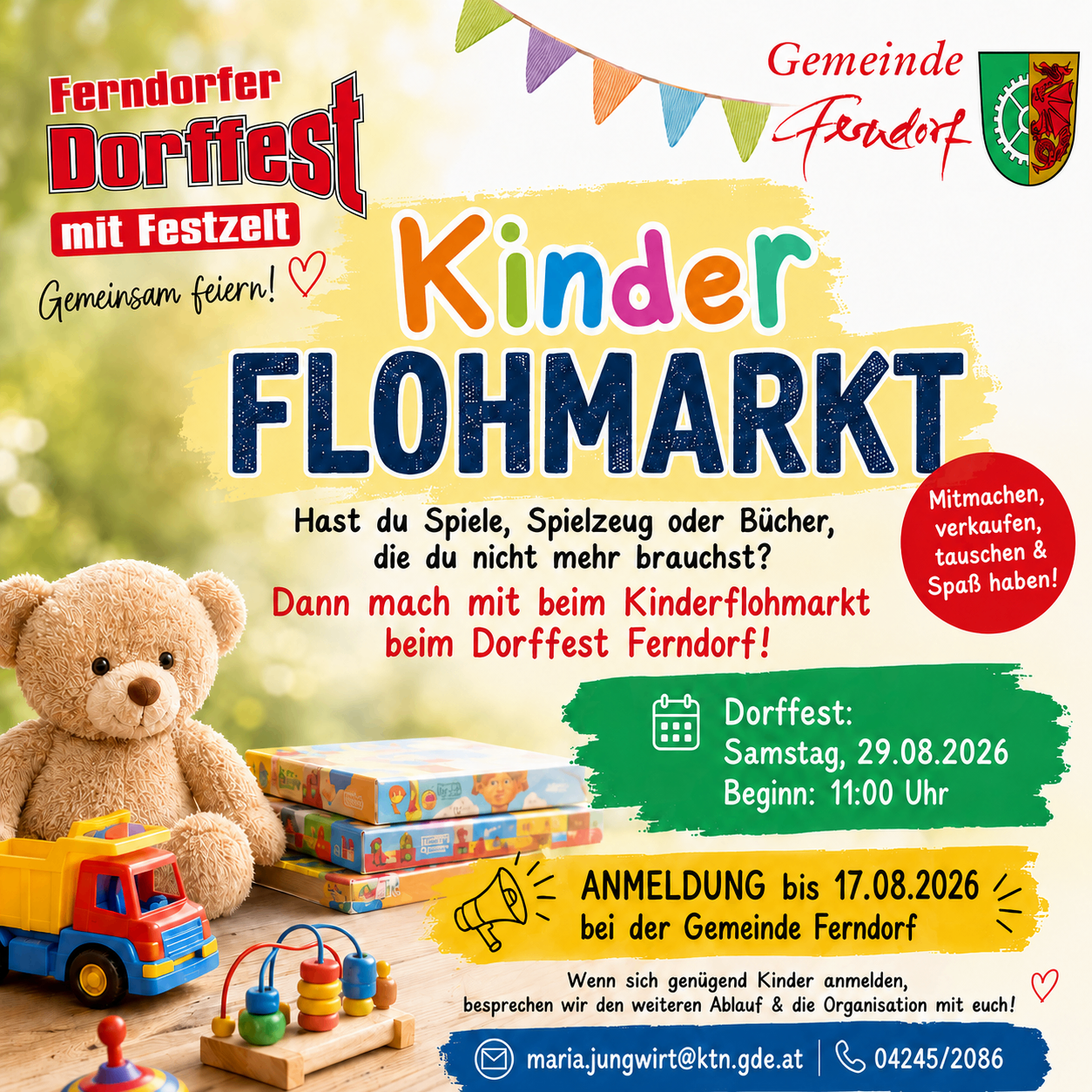 Poster for the Ferndorf Village Festival featuring a children's flea market. It includes a teddy bear, toys, and books. The event is on Saturday, August 29, 2026, starting at 11:00 AM. Registration is open until August 17, 2026.