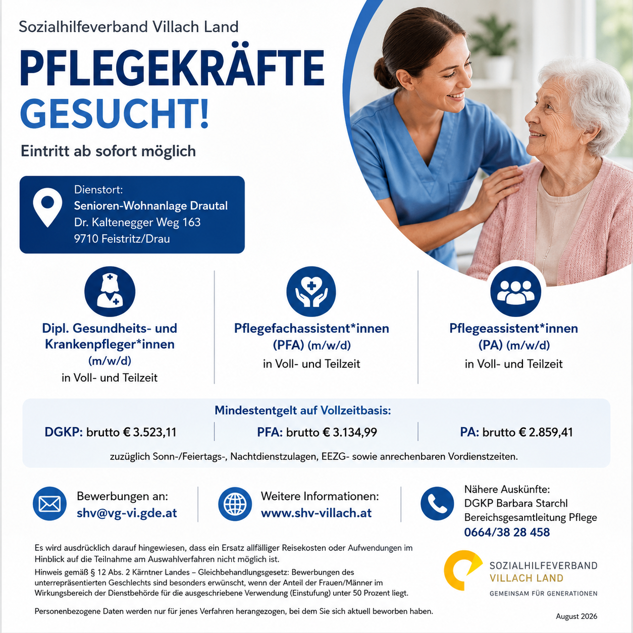 An advertisement poster for a care service in Villach, Austria, featuring a smiling nurse and an elderly woman. The poster includes information about the service, the minimum wage, and contact details. The poster is in German.