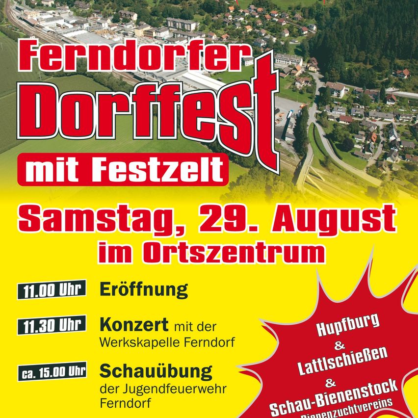 Poster for the Ferndorfer Dorffest event, scheduled for Saturday, August 29th in the town center. The event includes an opening at 11:00 AM, a concert at 11:30 AM with the Werkskapelle Ferndorf, and a display by the youth fire department of Ferndorf around 3:00 PM.