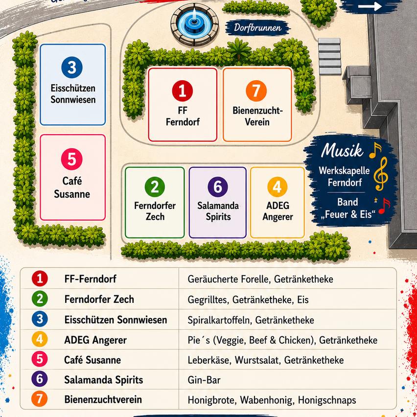An illustrated map of a park with numbered locations and descriptions of food and drink offerings. The map includes a legend with numbers and text in German.