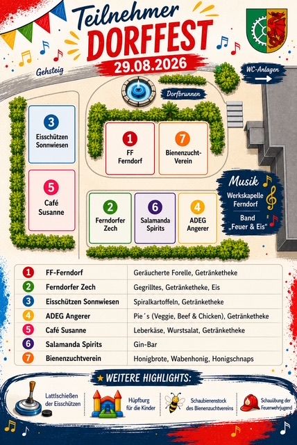 Poster for Dorffest in Ferndorf, Austria, featuring a map of the event, music bands, food stalls, and attractions. Date: 29.08.2026. WCs are indicated.