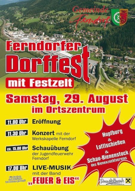 Poster for the Ferndorfer Dorffest event, featuring a village scene with mountains, trees, and buildings. The poster includes details about the event's schedule, including opening time, concert, and live music with the band Feuer & Eis.