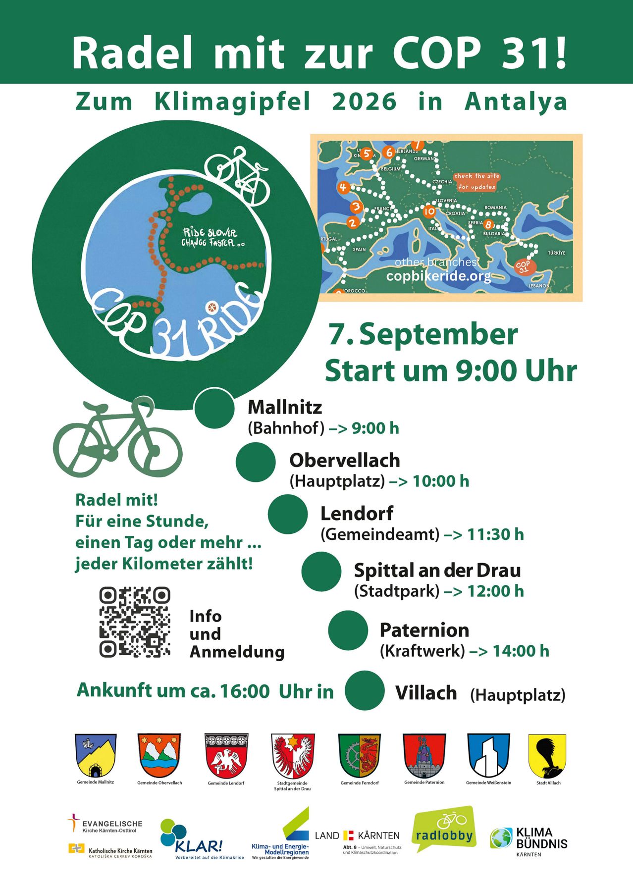 Poster for a cycling event, showing a map, route details, and a QR code for registration. The event starts at 9:00 AM on September 7th, with stops at various locations.