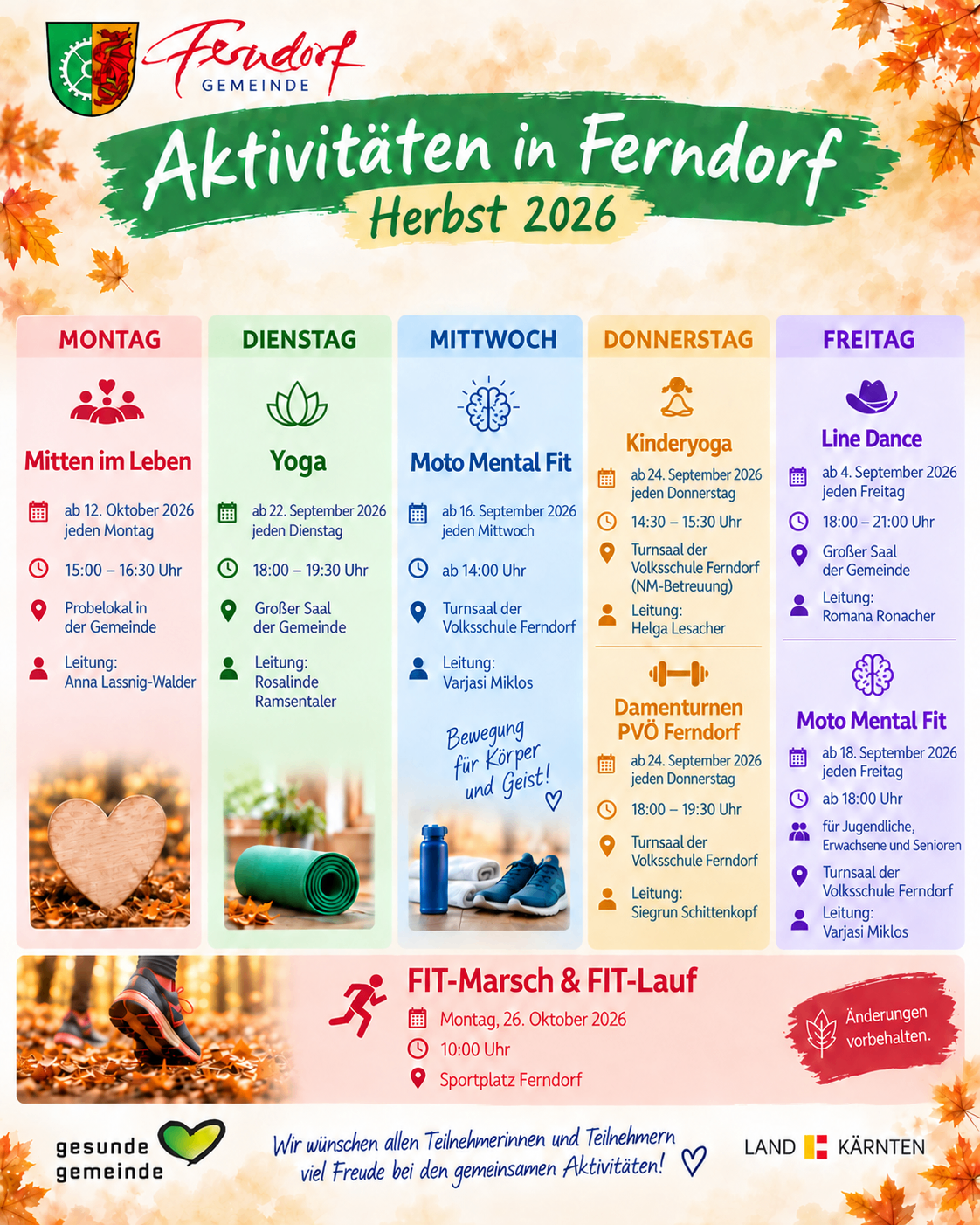 Poster advertising various activities in Ferndorf for autumn 2026. It includes yoga, mental fitness, children's yoga, line dance, and a FIT-March and FIT-Run event. Each activity has a specific date and time.