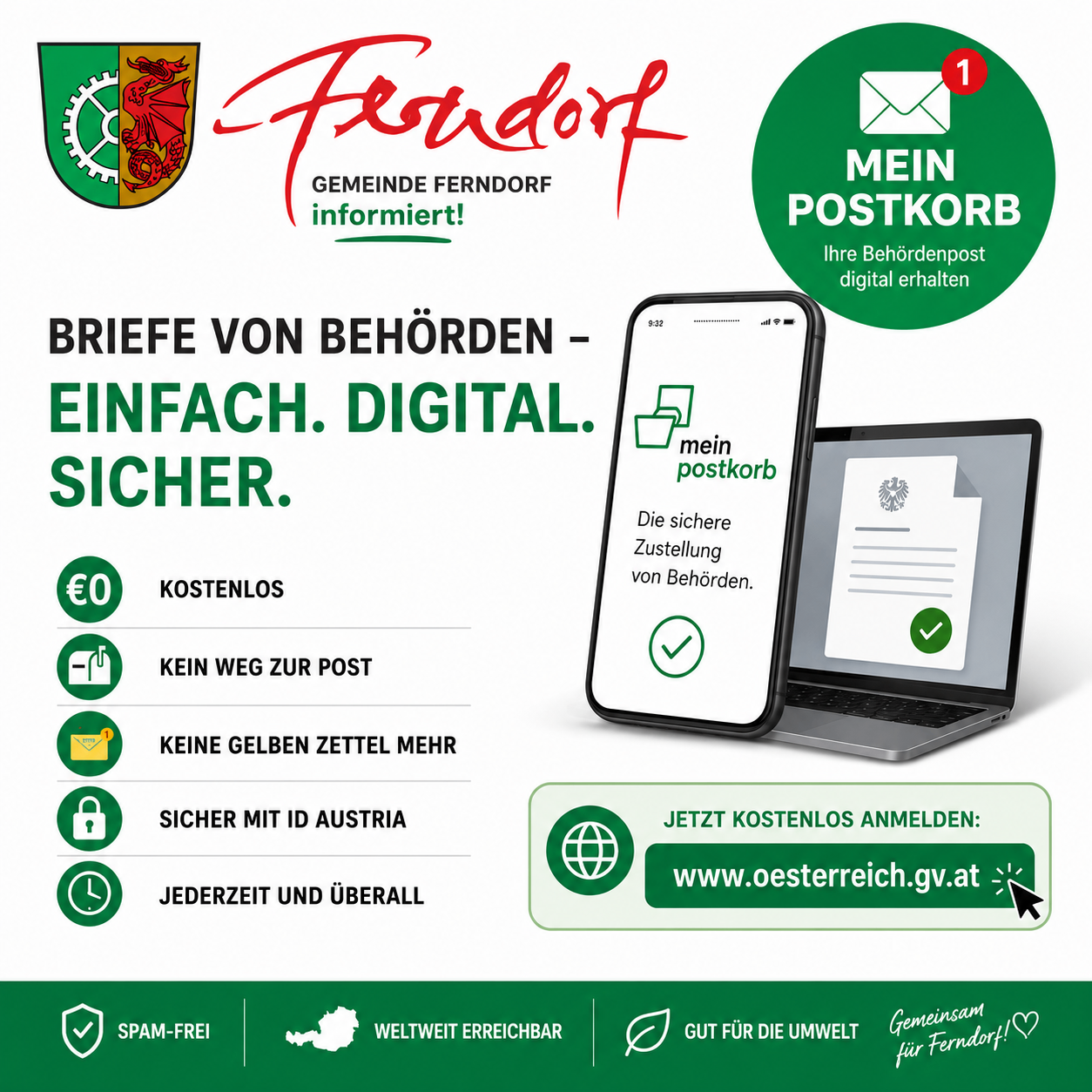 Postamt-Werbung für Ferndorf. Erhalten Sie Briefe von Behörden digital, sicher und kostenlos. Verfügbar unter www.oesterreich.gv.at.