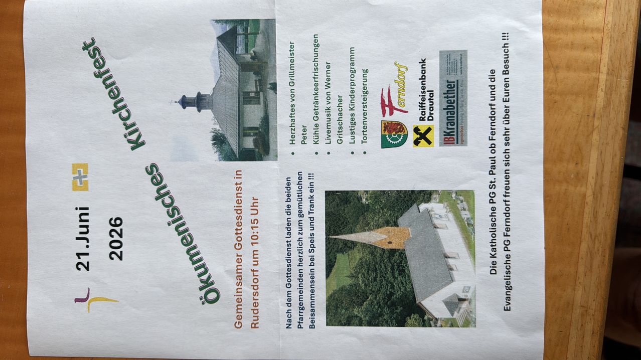 Das Bild zeigt eine Werbung für eine Gemeinschaftsveranstaltung in einem Dorf. Es zeigt eine Luftaufnahme einer Kirche, eine Liste der Sponsoren und einen Veranstaltungsplan. Der Text lautet 'Gemeinsames Gottesdienst in Rudersdorf' um 10:15 Uhr.