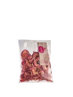 Ein durchsichtiger Plastikbeutel gefüllt mit roten Apfelchips. Der Beutel hat ein Etikett mit dem Text 'APPLE CHIPS' darauf.