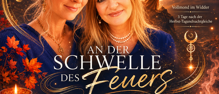 Plakat für ein Frauenseminar in Wien, mit zwei lächelnden Frauen, einem Vollmond und Herbstblättern. Datum ist 26.09.2026. Themen sind Wahrheit, Herzkraft, wilde Frau und Resonanz.