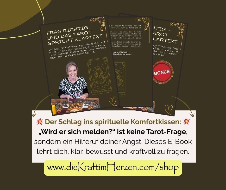 Werbung für ein Tarot-Karten-E-Book mit dem Titel 'Frage Tarot und der klare Text spricht'. Eine Frau hält Tarot-Karten und einen Website-Link.