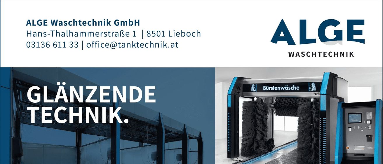 Eine Werbung für Waschtechnik GmbH zeigt eine große Waschmaschine mit Wassertropfen. Die Adresse und Kontakt-E-Mail der Firma sind angezeigt. Der Text lautet 'Planen und realisieren Schanlagen'.