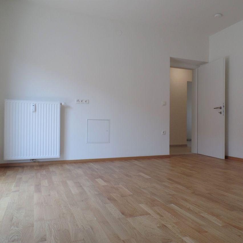 Ein leerer Raum mit weißen Wänden und einem weißen Heizkörper. Der Raum hat Holzböden und eine offene Tür.