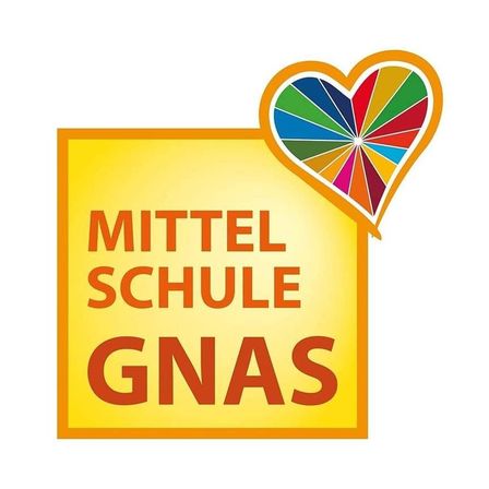Ein gelbes Banner mit orangefarbenem Rand und einem bunten herzförmigen Logo. Es steht Mittel Schule Gnas in roten und gelben Schrift.