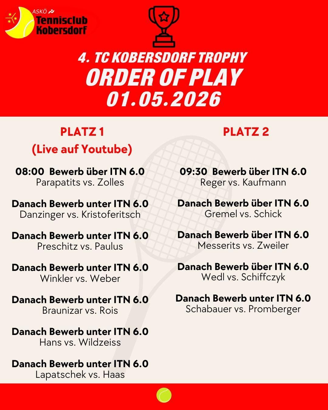 Die TC Kobersdorf Trophy Spielreihenfolge für den 1. Mai 2026. Parapatis gegen Zolles auf Platz 1, Reger gegen Kaufmann auf Platz 2. Matches unter ITN 6.0.