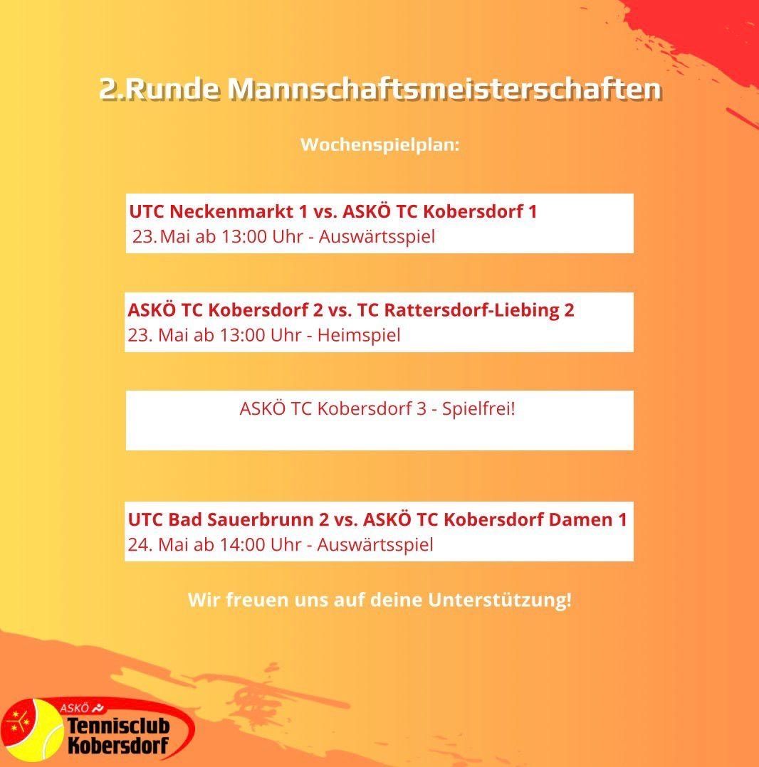 Ein Plakat zeigt den Spielplan für die 2. Runde der Mannschaftsmeisterschaften. Spiele beinhalten UTC Neckenmarkt vs. ASKO TC Kobersdort, ASKO TC Kobersdort vs. TC Rattersdorf-Liebing und UTC Bad Sauerbrunn vs. ASKO TC Kobersdorf Damen. Spiele sind am 23. und 24. Mai.