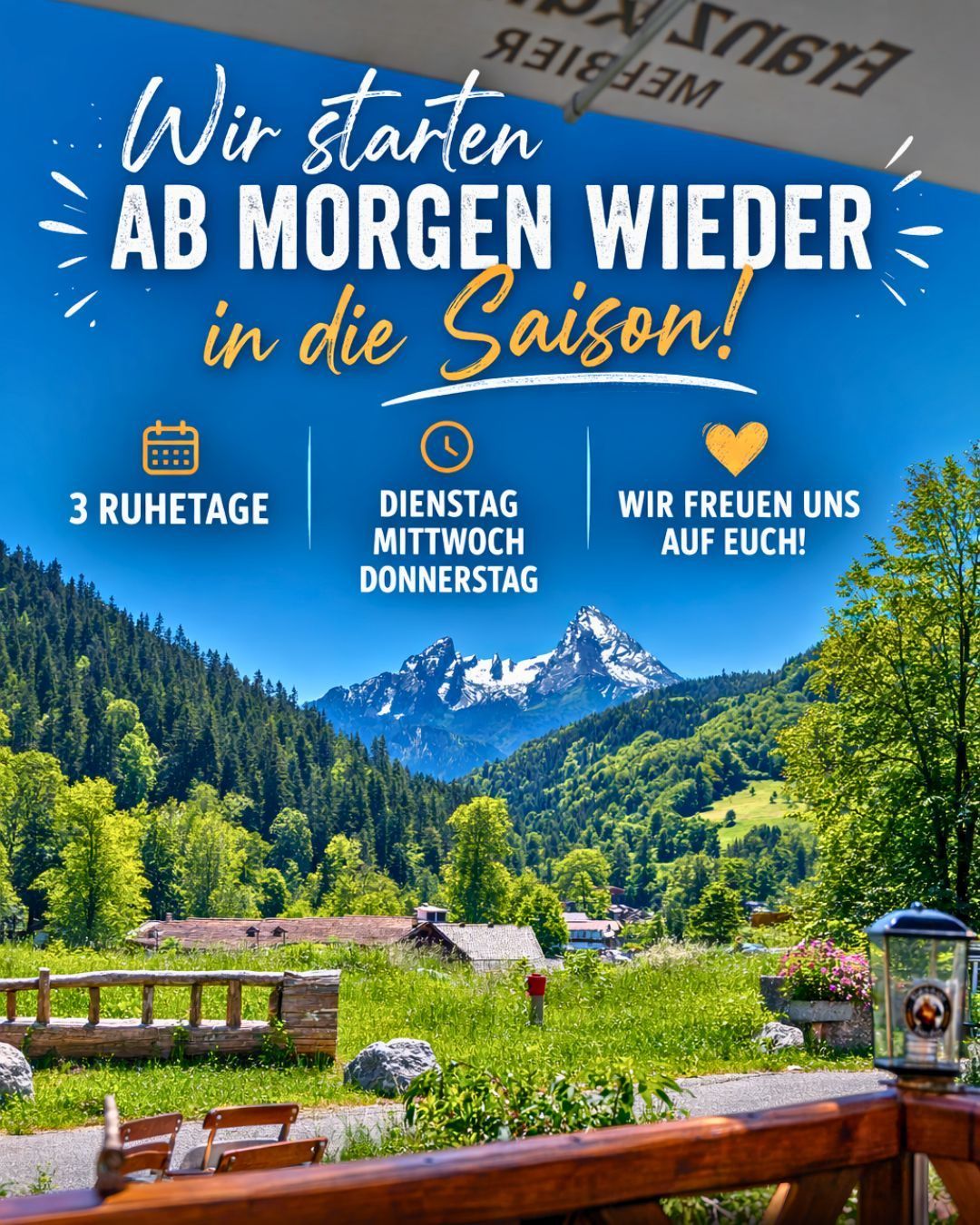 A blue poster announces that they will start again tomorrow in the season. It lists three rest days, Tuesday, Thursday, and Friday. It also mentions they are looking forward to seeing you. The poster features a mountainous landscape with green trees.