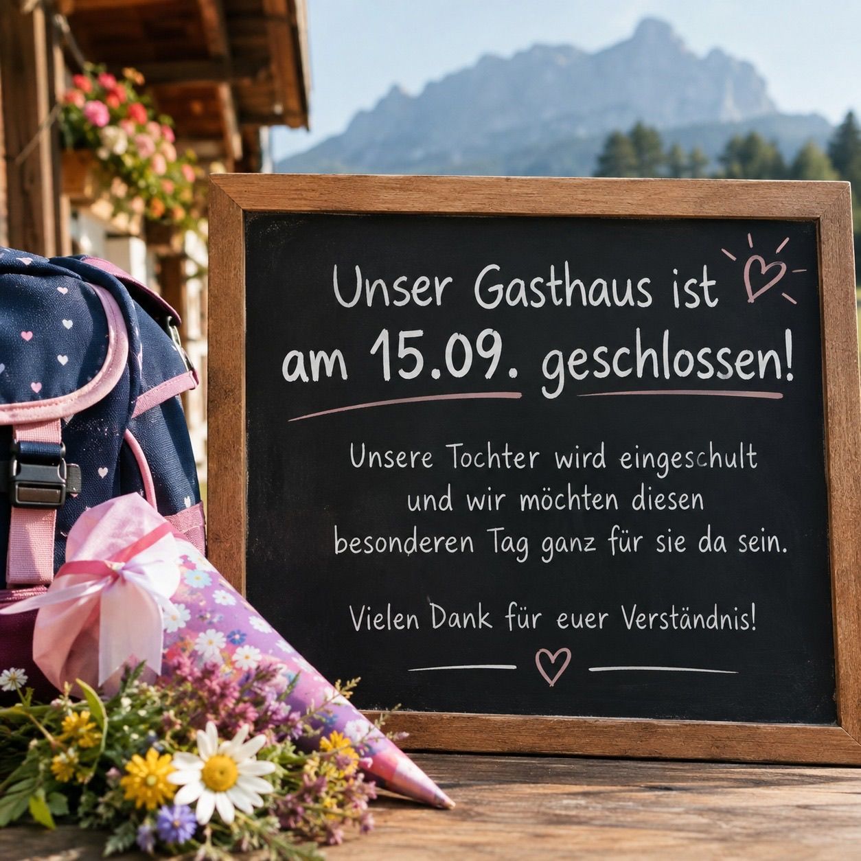 A blackboard with a message about a closed guesthouse on September 15th, with a bouquet of flowers and a backpack in the foreground.