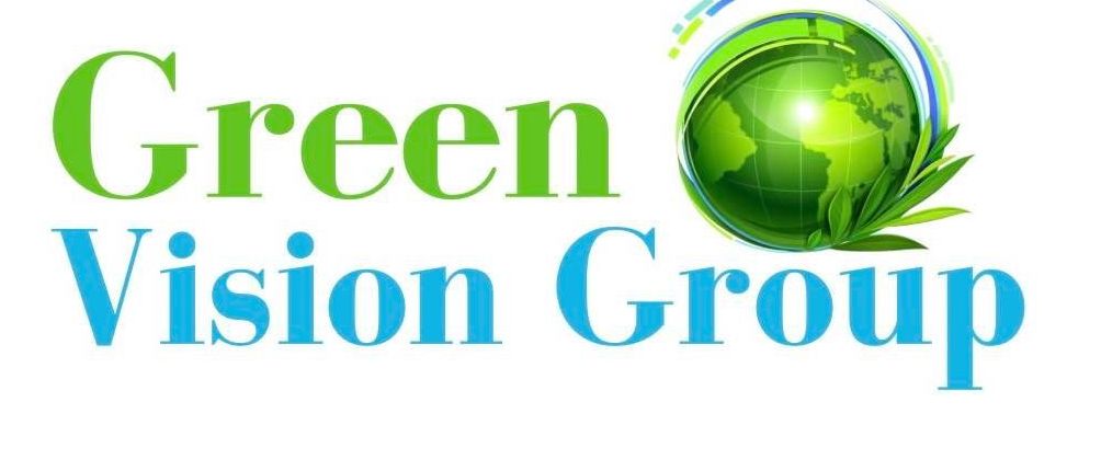 Das Logo der Green Vision Group zeigt eine grüne Kugel mit Blättern darum, was Umweltbewusstsein und Nachhaltigkeit symbolisiert. Der Text ist fett und klar.