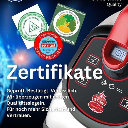 Werbung für Thermo Star, ein zertifiziertes Qualitätsprodukt. Es zeigt die Zertifizierungen und Qualitätssiegel der Marke und verspricht Zuverlässigkeit und Sicherheit.