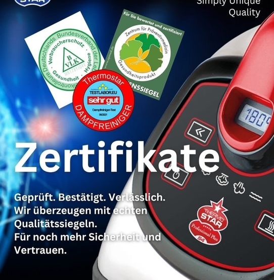 Werbung für Thermo Star, ein zertifiziertes Qualitätsprodukt. Es zeigt die Zertifizierungen und Qualitätssiegel der Marke und verspricht Zuverlässigkeit und Sicherheit.