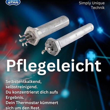 Eine Werbung für Therivo Star mit einem Thermostat auf blauem und rotem Hintergrund. Sie hebt die einfache Handhabung und Selbstreinigungseigenschaften des Produkts hervor.