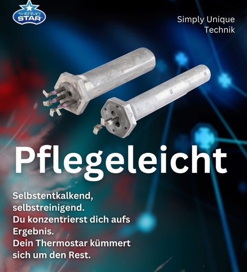 Eine Werbung für Therivo Star mit einem Thermostat auf blauem und rotem Hintergrund. Sie hebt die einfache Handhabung und Selbstreinigungseigenschaften des Produkts hervor.