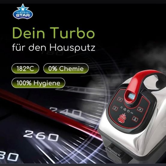 Werbung für Thermo Star Dampfreiniger, verspricht 182°C, 0% Chemie und 100% Hygiene. Das Gerät ist schlank mit einem digitalen Display, vor schwarzem Hintergrund.