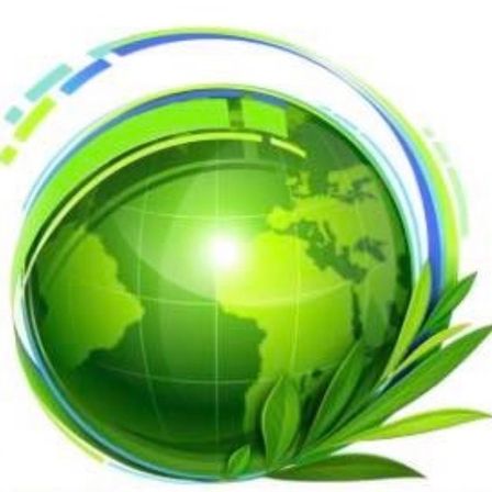 Eine grüne Kugel mit einem blauen und grünen Ring darum, umgeben von grünen Blättern. Die Kugel scheint hell.