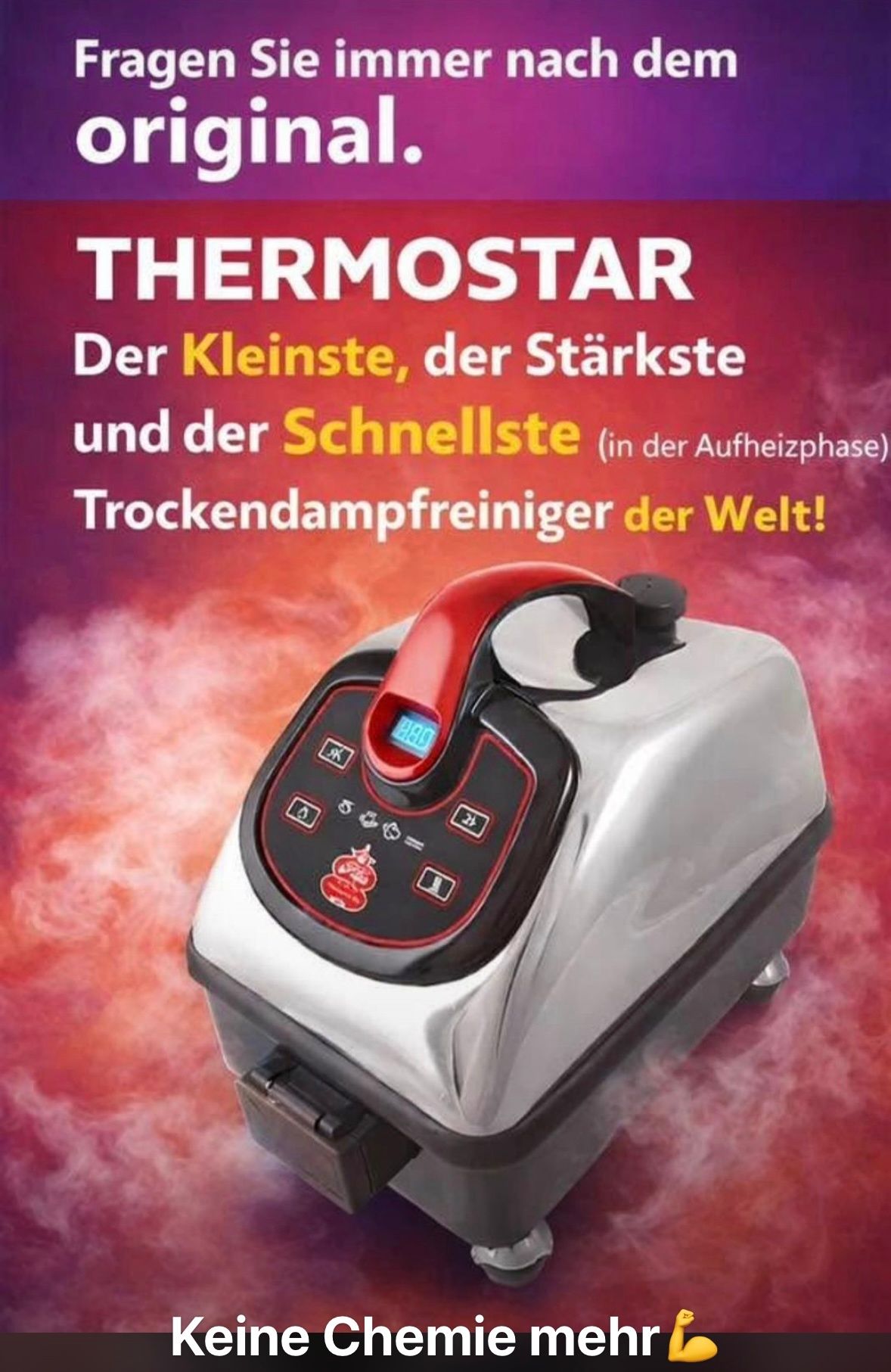 Thermostar, der kleinste, stärkste und schnellste Trockendampfreiniger in der Aufheizphase. Digitalanzeige und verschiedene Tasten. Rot, weiß und schwarzes Design.