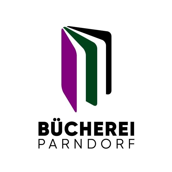 Das Logo für Bucherei Parndorf zeigt einen Stapel bunter Bücher, wobei der Name des Buchladens in fetten, großgeschriebenen Buchstaben steht.