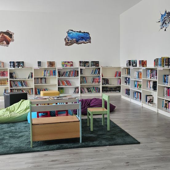 Eine Kinderbibliothek mit weißen Regalen voller Bücher, Wandaufklebern mit Pferden und Ozean, einem Teppich und einem kleinen Tisch mit Stühlen.