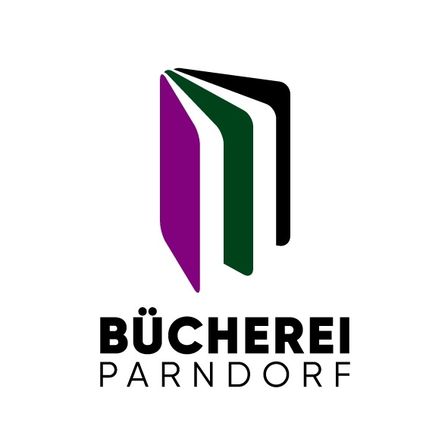 Das Logo für Bucherei Parndorf zeigt einen Stapel Bücher in den Farben Lila, Grün und Schwarz. Der Text Bucherei Parndorf ist in fetter schwarzer Schrift angezeigt.