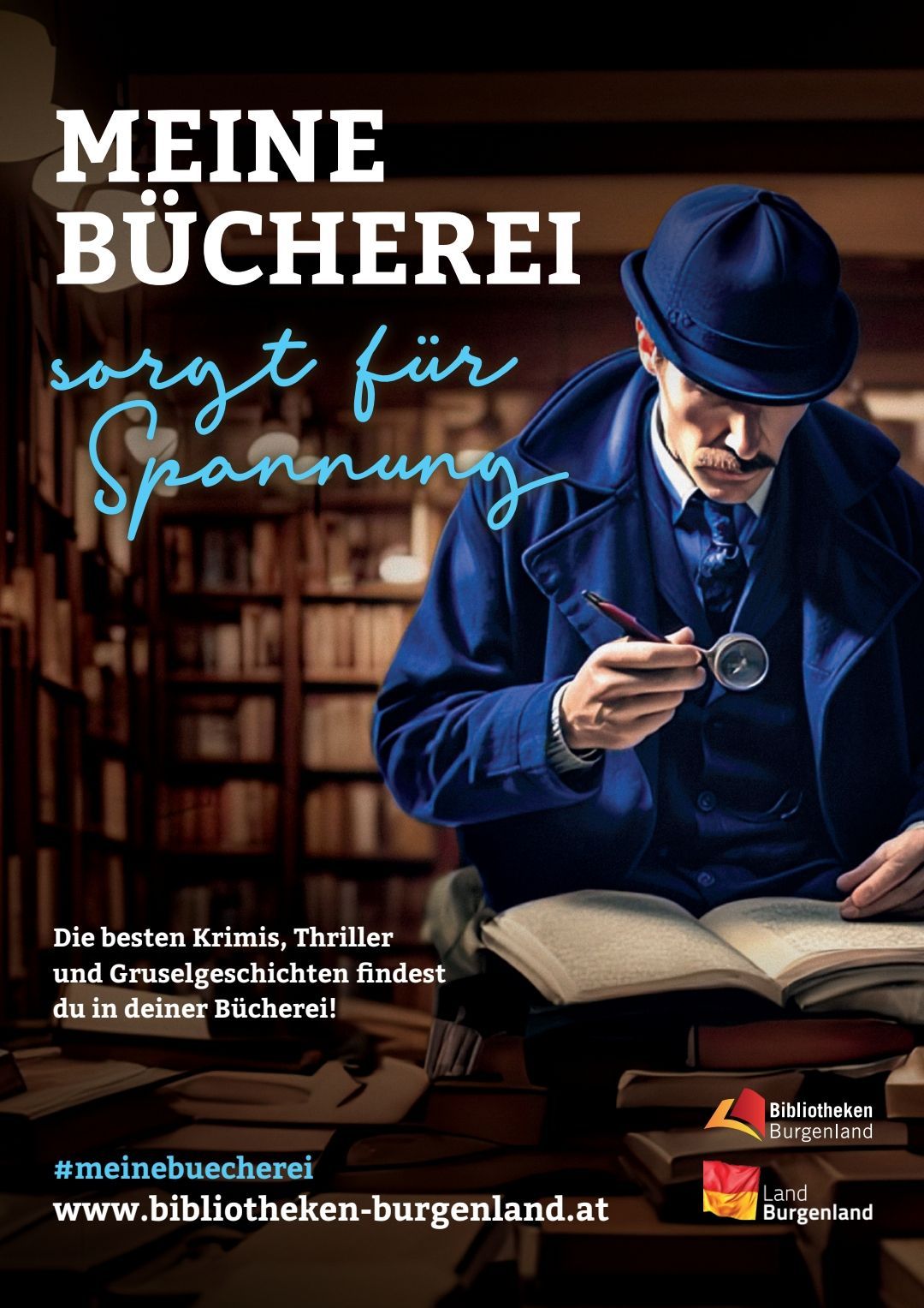 Ein Mann in einem blauen Mantel liest ein Buch in einer Bibliothek, eine Lupe in der Hand. Der Text lautet 'Bücherei sorgt für Spannung.' Im Hintergrund sind Bücherregale zu sehen.