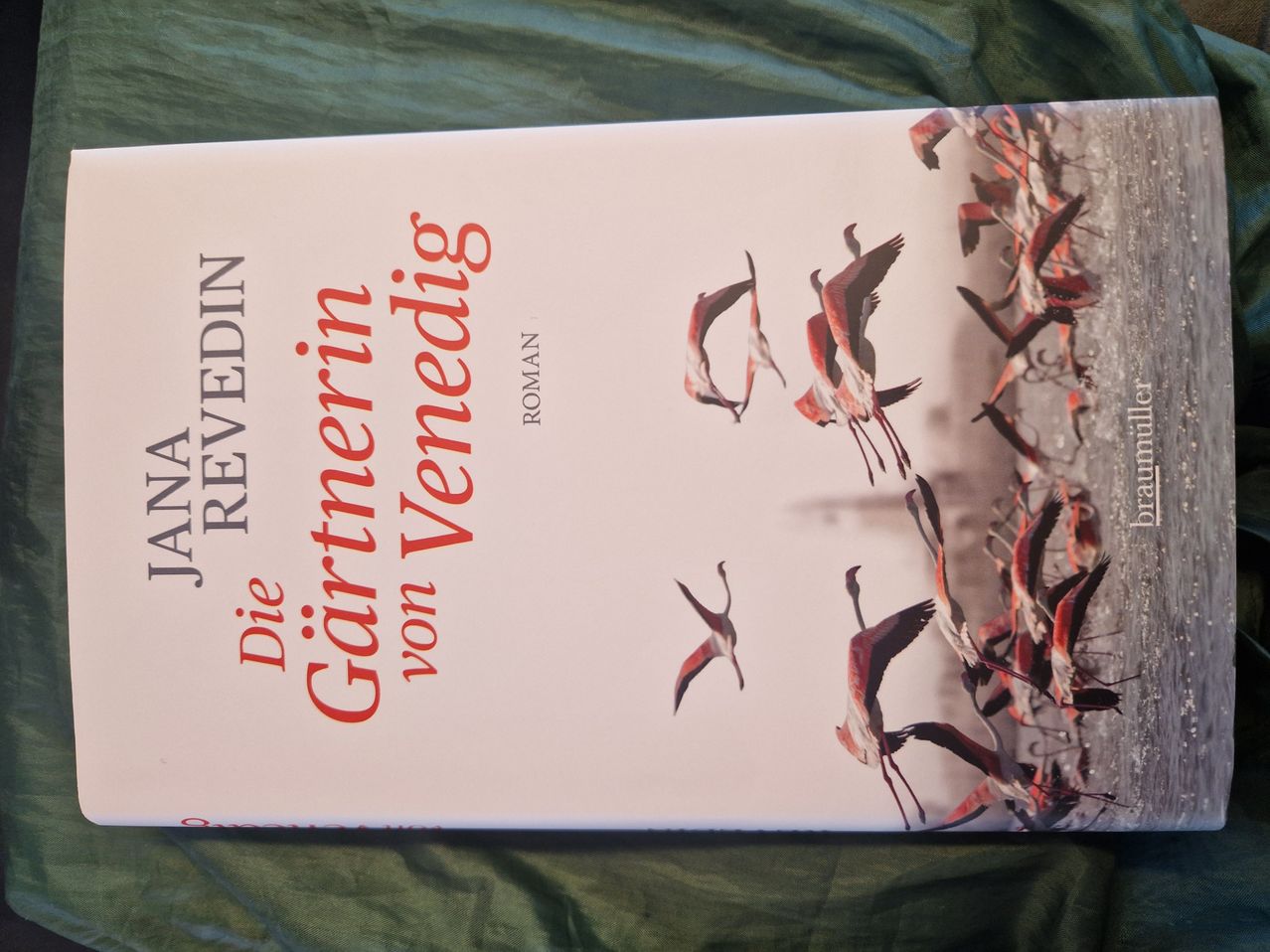 Das Cover eines Buches mit dem Titel 'Die Gärtnerin von Venedig' von Jana Revedin zeigt fliegende Flamingos am Himmel.