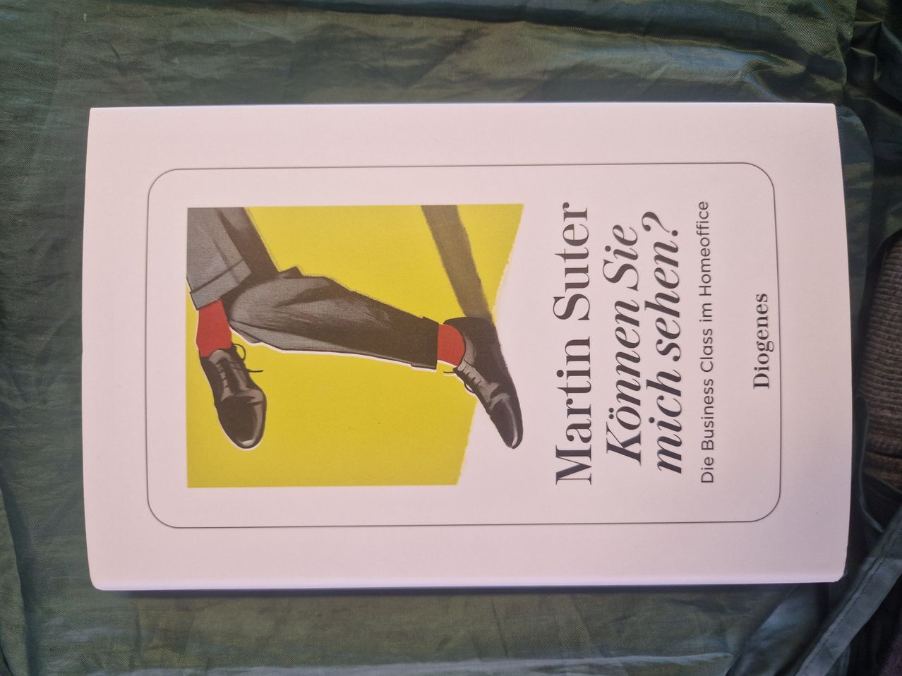 Buchcover für Martin Suters 'Können Sie mich sehen?' auf Deutsch, mit einer Illustration eines Beines in einem Anzug.