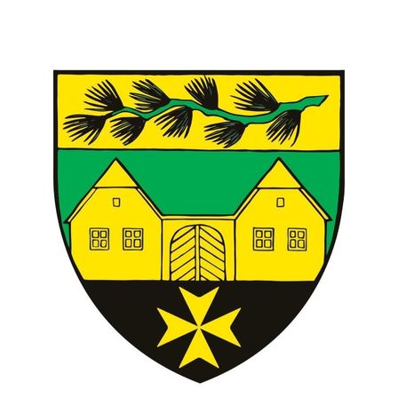 Ein heraldischer Schild mit gelbem und grünem Rand zeigt zwei gelbe Häuser mit jeweils drei Fenstern. Unten befindet sich ein gelbes Kreuz.