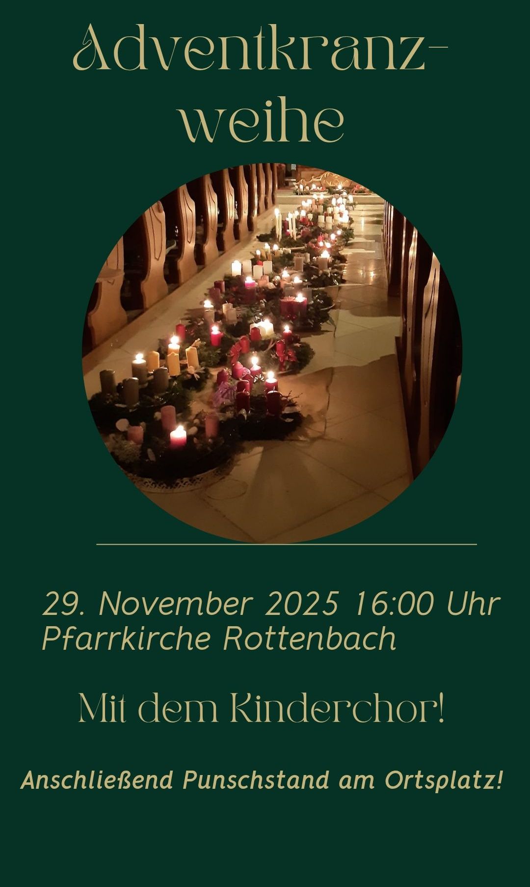 Eine Reihe brennender Kerzen auf einem gefliesten Boden, im Halbkreis angeordnet. Die Veranstaltung findet am 29. November 2025 um 16:00 Uhr in der Pfarrkirche Rottenbach statt, mit dem Kinderchor.