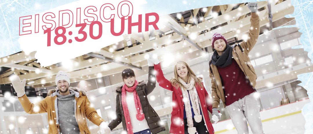 Plakat für Kunsteisarena Ternitz mit vier Personen, die Schlittschuh laufen. Geplant für 18:30.