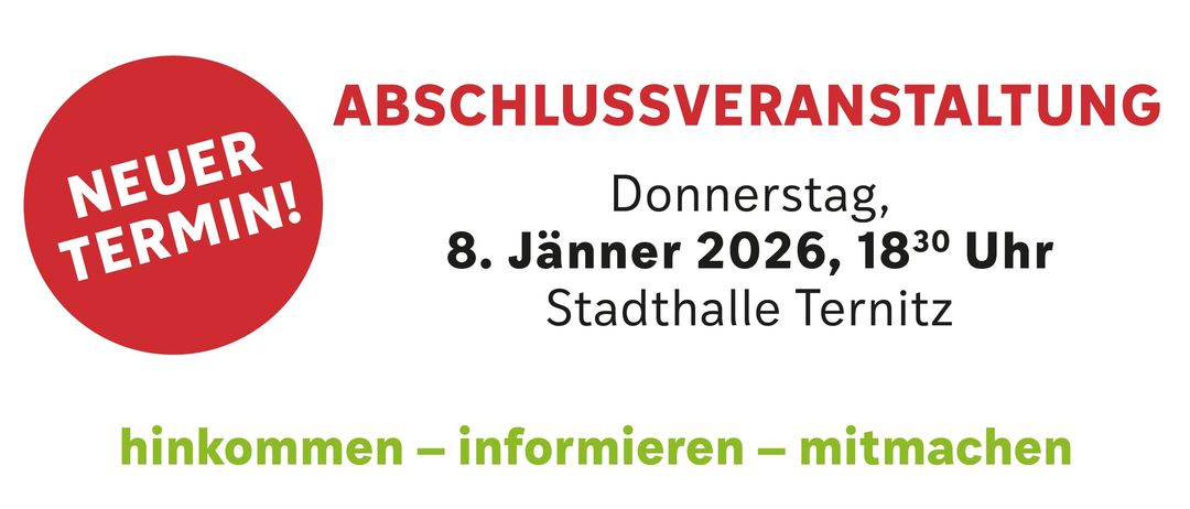 Eine Ankündigung für eine Abschlussveranstaltung in Ternitz, geplant für den 8. Jänner 2026 um 18:30 Uhr. Sie lädt die Öffentlichkeit ein, teilzunehmen, zu lernen und mitzuwirken, um Ternitz klimaneutral zu gestalten.