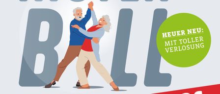 Plakat für eine Veranstaltung über Rentenleistungen. Es zeigt ein älteres Paar beim Tanzen, mit Datum, Uhrzeit und Ort. Das Plakat enthält eine gebührenfreie Telefonnummer für Anfragen und erwähnt einen Stuhlreservierungsservice.