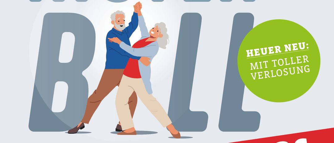 Plakat für eine Veranstaltung über Rentenleistungen. Es zeigt ein älteres Paar beim Tanzen, mit Datum, Uhrzeit und Ort. Das Plakat enthält eine gebührenfreie Telefonnummer für Anfragen und erwähnt einen Stuhlreservierungsservice.