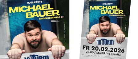 Zwei Poster von Männern in Schwimmbädern. Das erste zeigt einen bärtigen Mann, der ein weißes Objekt mit den Worten Heidelberger Hugo hält. Das zweite Poster zeigt einen Mann in einem Schwimmbad mit den Worten 10 Meter Bad und dem Datum 20.02.2020.