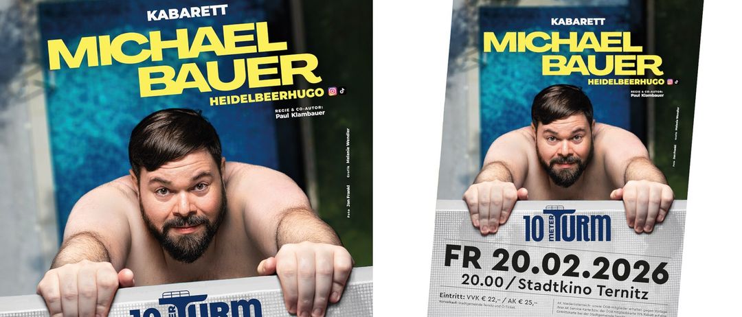 Zwei Poster von Männern in Schwimmbädern. Das erste zeigt einen bärtigen Mann, der ein weißes Objekt mit den Worten Heidelberger Hugo hält. Das zweite Poster zeigt einen Mann in einem Schwimmbad mit den Worten 10 Meter Bad und dem Datum 20.02.2020.