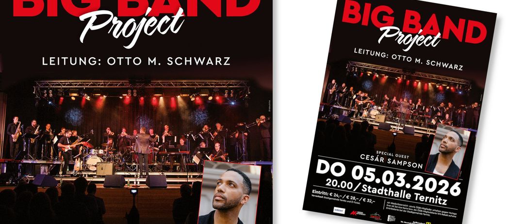 Plakat für die Big Project Band mit Otto M. Schwarz. Eine Band auf der Bühne mit einem besonderen Gast, Sampson.