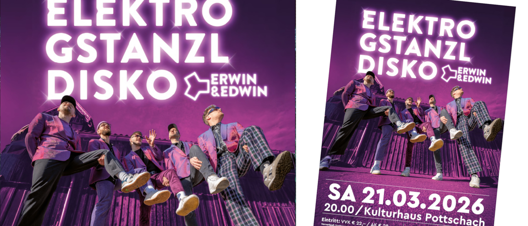 Ein Poster für 'Enzo' zeigt einen leuchtend lila Hintergrund mit dem Namen in großen weißen Buchstaben. Drei Männer sind abgebildet, einer sitzt auf den Schultern eines anderen, alle in bunten Anzügen gekleidet. Datum und Preis sind auf der rechten Seite sichtbar.