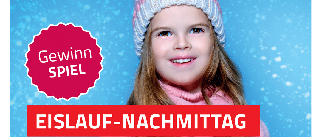 Eine Werbung für einen Eislauf-Nachmittag mit Musik, mit einem lächelnden Mädchen in Winterkleidung, geplant für Samstag, 14. Februar 2026, von 15:00 bis 17:30 Uhr in der Kunsteisarena Ternitz.