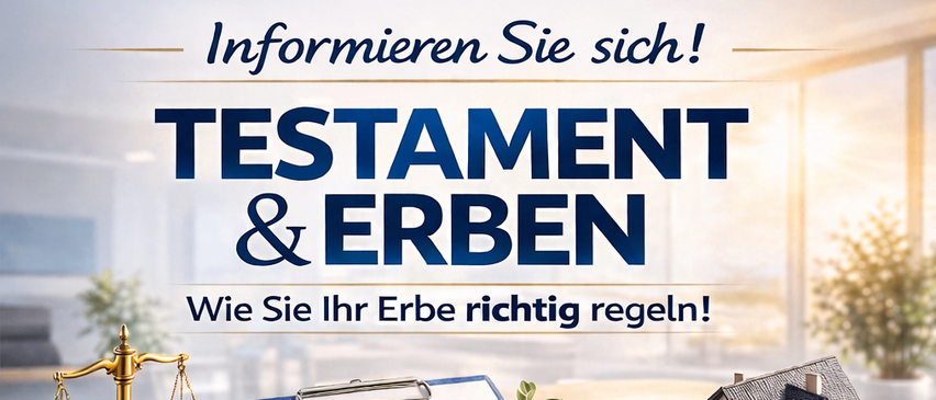 Werbung für eine Veranstaltung über Erbe und Testamente mit einer Waage, einem Hausmodell und Geld, geplant für den 14. März 2026 um 11:00 Uhr in Grafenbach.